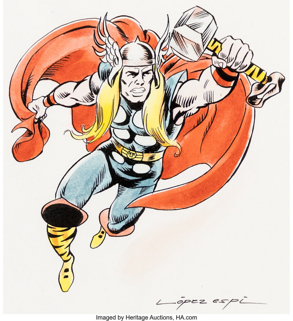 Rafael Lopez Espi Thor Illustration. Renowned for many of the Marvel and DC superheroes that Vertex editorial published in Spain in the '60s and '70s, Rafael Lopez Espi lends his great talent to a dynamic portraits of Thor. Ink and watercolor on illustration paper with image areas of about 6" x 7". Minor handling wear. Signed. In Excellent condition.