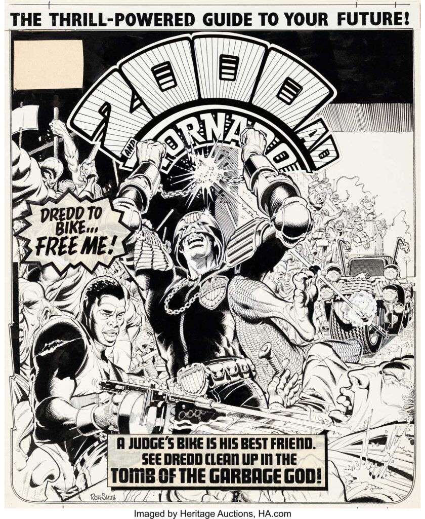 Ron Smith 2000AD Prog #159 Judge Dredd Cover Original Art (Fleetway, 1980). Impressive cover announcing The Judge Child story by the Wagner/Grant duo, and featuring the most famous Judge, Dredd, narrowly saved by his faithful Lawmaster. Smith's Dredd covers are rare. Ink over graphite on thick Bristol board with a large image area of 14.5" x 17.75". Titles and text are paste-ups. Handling. Signed. In Very Good condition.
