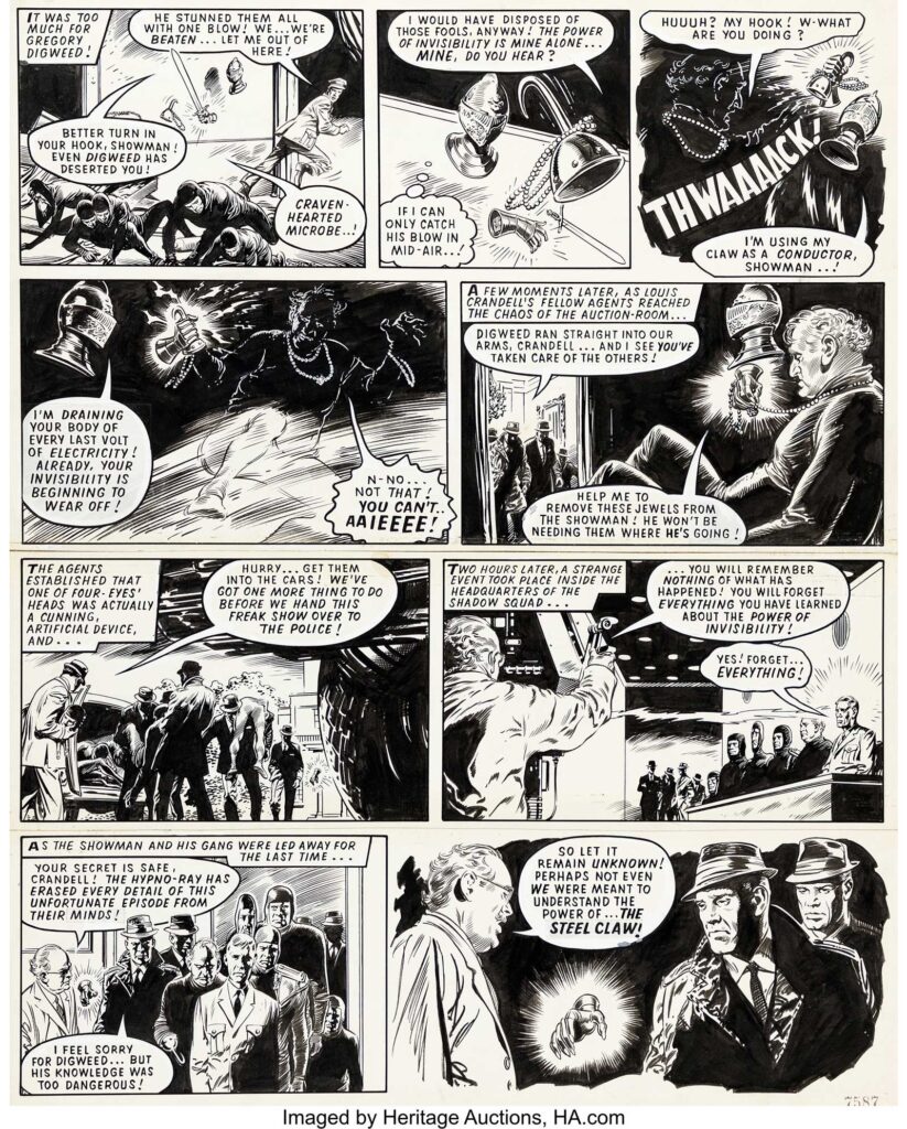 Jesus Blasco The Steel Claw Story Page 2 Original Art (Valiant, 1967). The Steel Claw was a top hero in the British weekly adventure comics scene throughout the '60s and '70s. On this panel page from the celebrated series, Jesus Blasco expertly played with light and shadow, delivering very nice chiaroscuro effects. Created in ink and white paint over graphite on two sheets of conjoined Bristol board with a combined image area of 15.5" x 19.5". Light handling wear and toning. Corner creasing. In Very Good condition.
