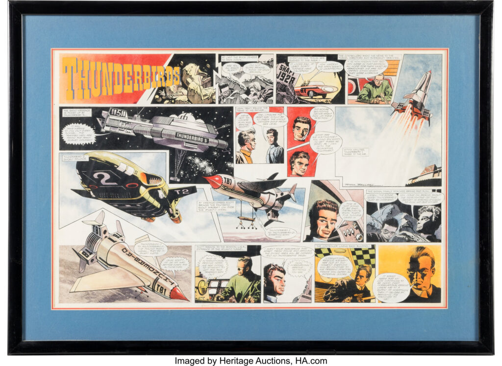 Thunderbirds art for TV21 No. 77 cover dated 9th July 2066 (1966), by Frank Bellamy. Vintage original artwork accomplished in pen and ink on illustration board. The original work is matted with a black plastic frame. Measures approx. 31.5" x 23". Displays minimal wear and age. Comes with a COA from Heritage Auctions. From the Collection of Greg Jein.