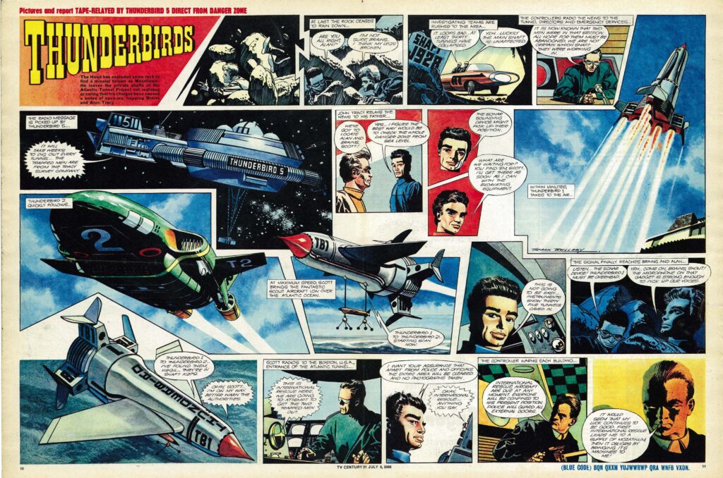 Thunderbirds for TV21 No. 77 cover dated 9th July 2066 (1966), by Frank Bellamy. With thanks to Norman Boyd