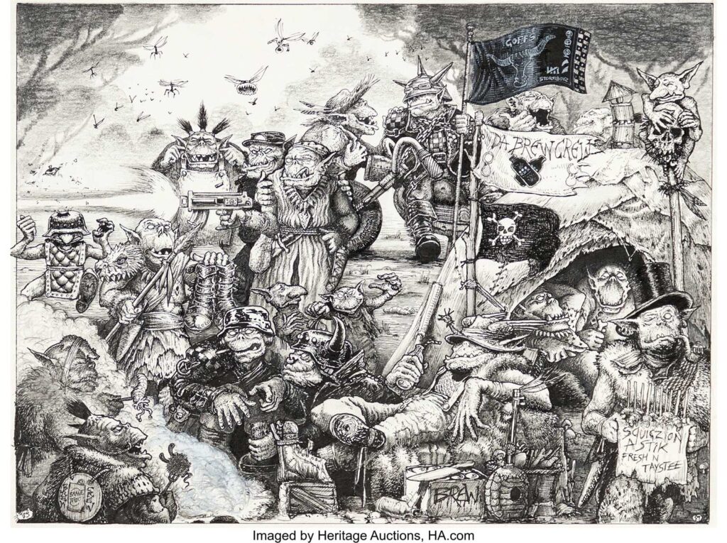 Tony Hough Warhammer 40,000 Orks Illustration Original Art (Games Workshop, 1989). In an intricately inked illustration reminiscent of engravings, a bizarre and surreal scene unfolds... Monstrous Orcs, clad in animal-hide jackets, gather amid a fantastical atmosphere, indulging in weapons and strong beverages. A rare and beautiful illustration from Warhammer 40,000 pioneering artist Tony Hough! Ink and graphite on illustration paper with an image area of 10" x 7.5". In Excellent condition.
