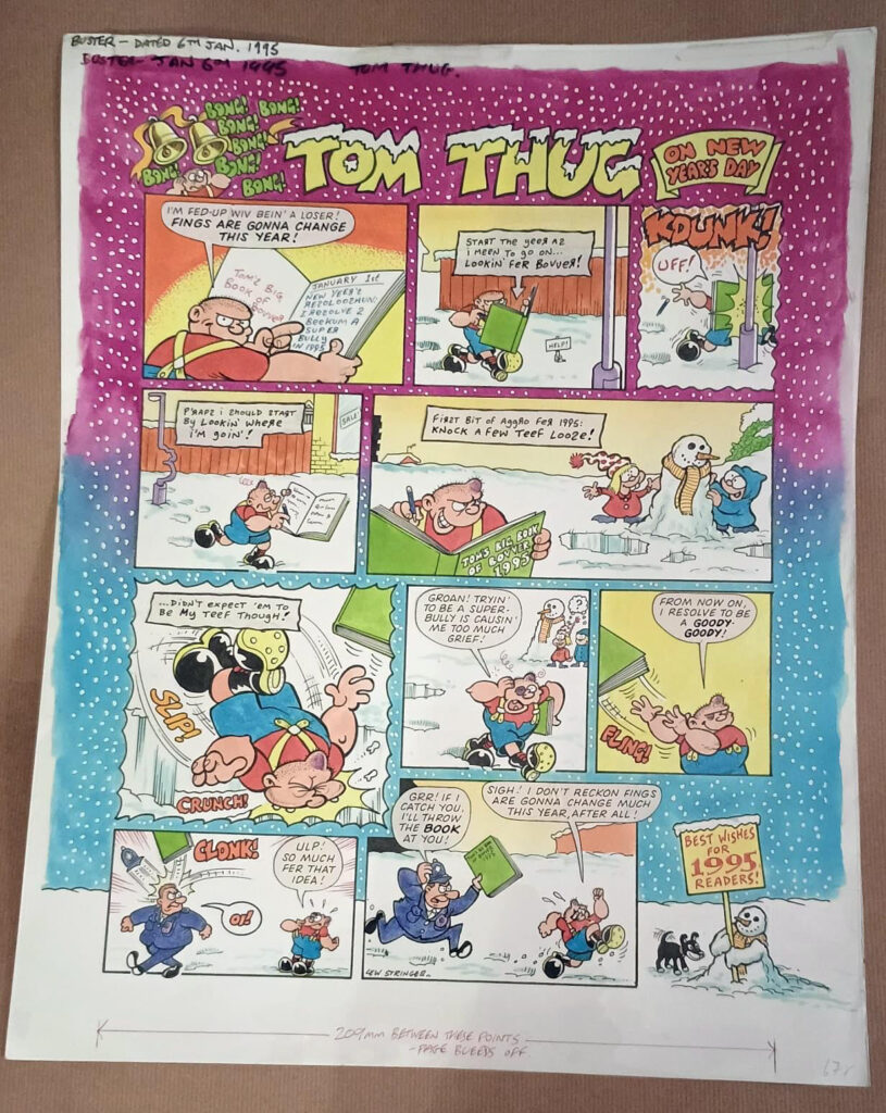 “Tom Thug” page for the New Year 1995 issue of Buster by Lew Sringer