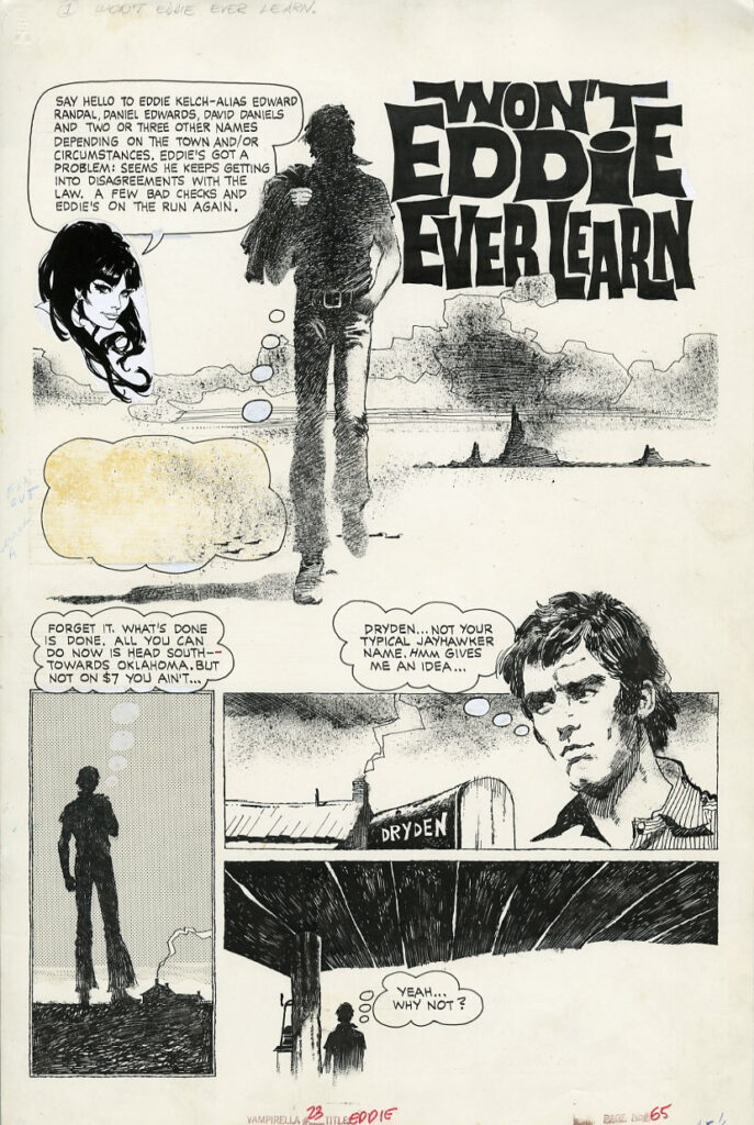 Original art by Felix Mas for the story "Won't Eddie Ever Learn", featured in Vampirella #23, via Big Wow Art