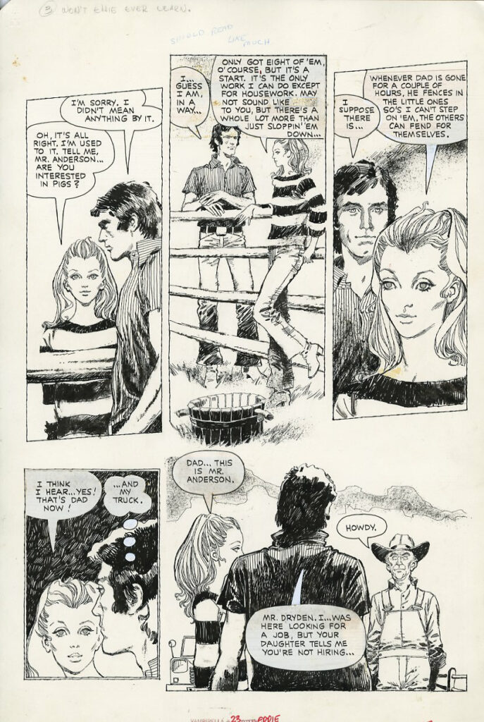 Original art by Felix Mas for the story "Won't Eddie Ever Learn", featured in Vampirella #23, via Big Wow Art