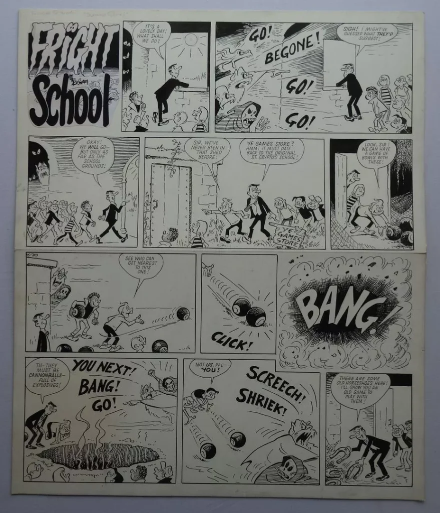 "Fright School" art for Buster, issue cover dated 30th August 1986. The strip ran in Buster from the issue dated 6th July 1985 until 27th February 1988 and the art has generally been credited  to Reg Parlett