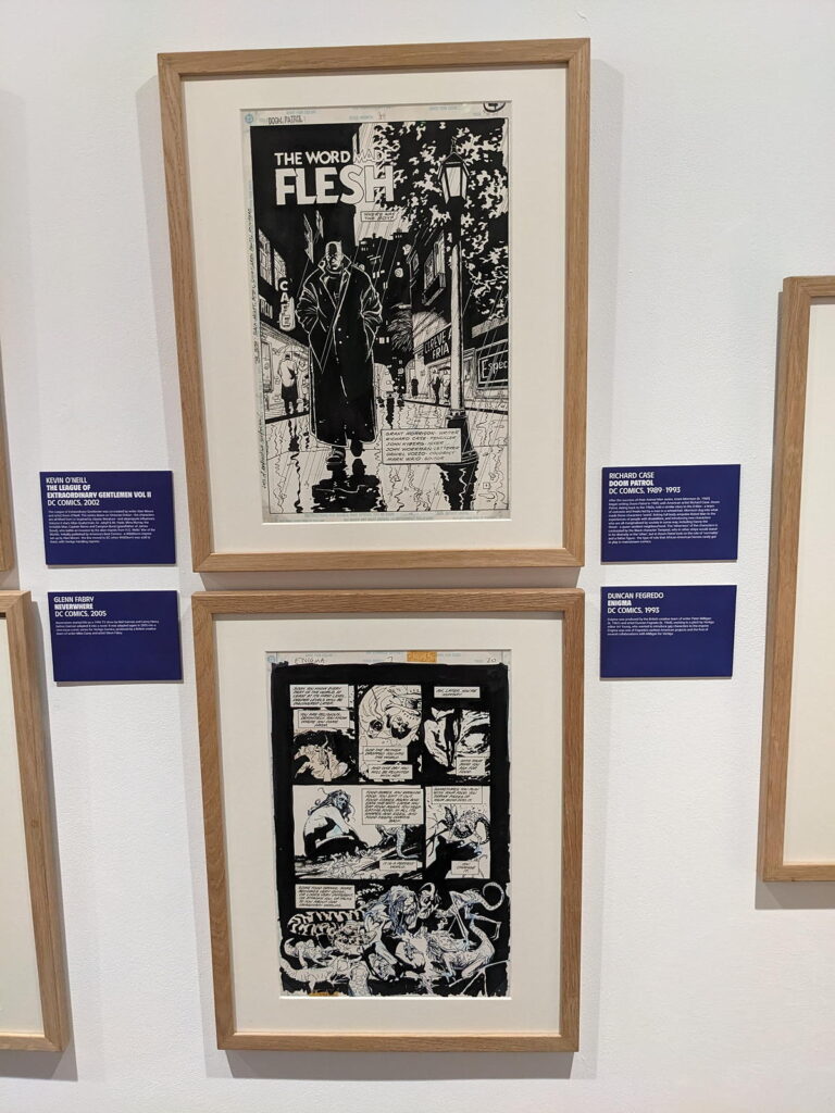 Doom Patrol by Richard Case and Enigma by Duncan Fegredo, part of the Cartoon Museum's "Heroes" exhibition (2024)