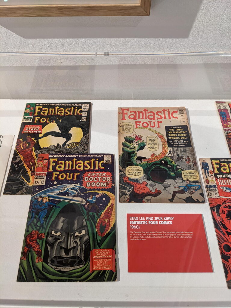 Copies of Marvel's Fantastic Four by Stan Lee and Jack Kirby, part of the Cartoon Museum's "Heroes" exhibition (2024)