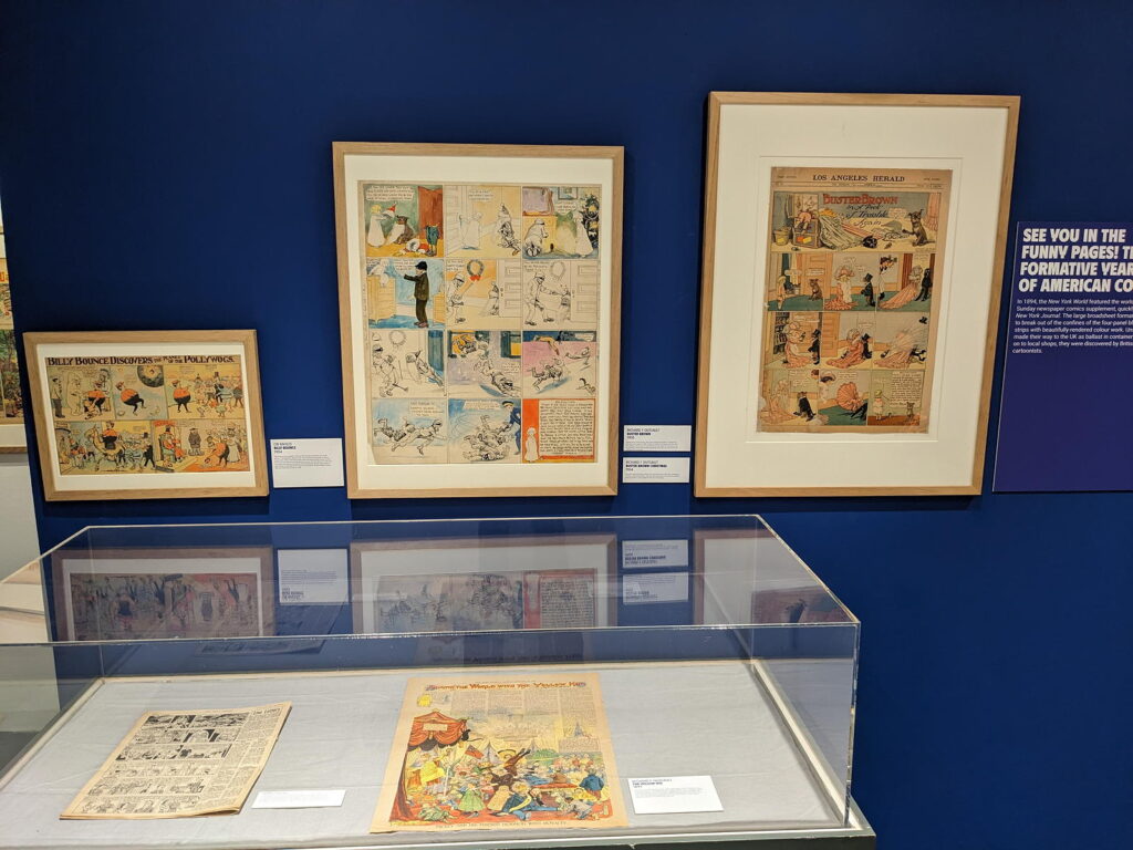 See You in the Funny Pages: "BIlly Bounce" by CW Kahles, "Buster Brown" by Richard F. Outcault, and "The Adventures of Little Nemo" by Winsor McCay. Part of the Cartoon Museum's "Heroes" exhibition (2024)
