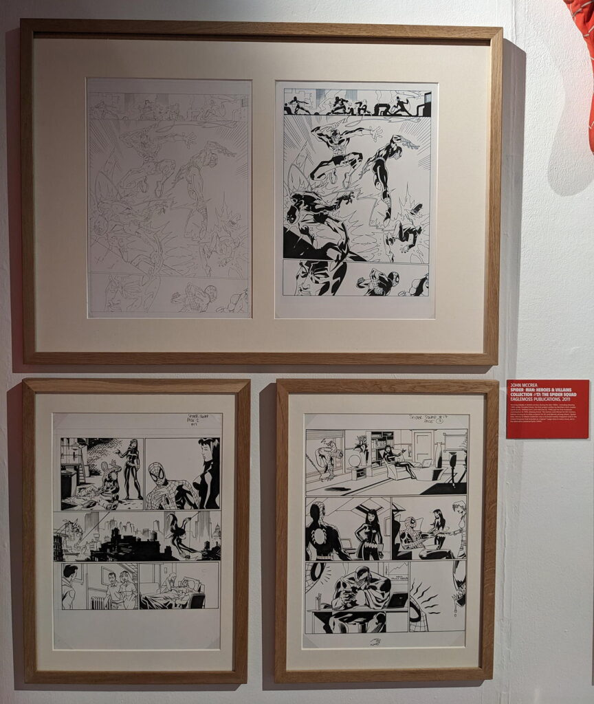 Spider-man by John McCrea, part of the Cartoon Museum's "Heroes" exhibition (2024)
