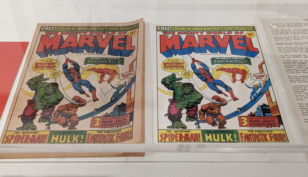Mighty World of Marvel press pack (1973), part of the Cartoon Museum's "Heroes" exhibition (2024)