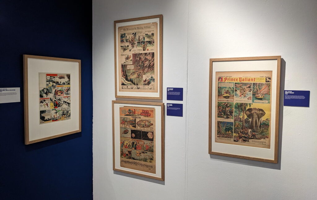 Pages of "Prince Valiant" by Hal Foster and "Buck Rogers", part of the Cartoon Museum's "Heroes" exhibition (2024)