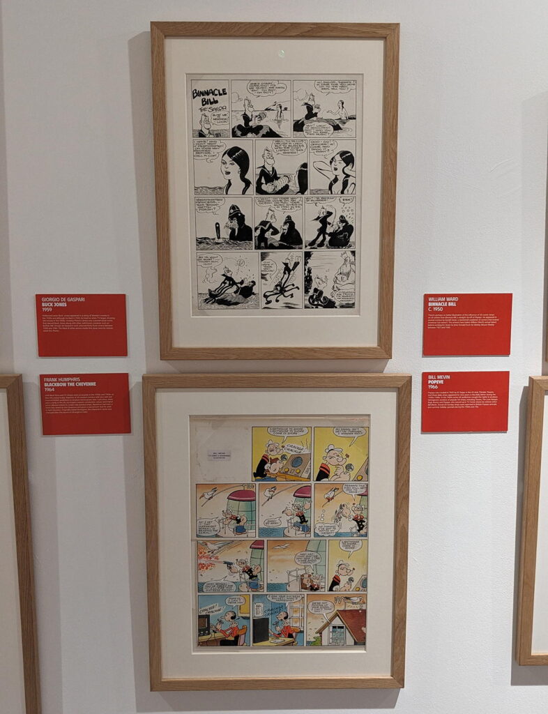 "Binnacle Bill" by William Ward and "Popeye" by Bill Mevin, part of the Cartoon Museum's "Heroes" exhibition (2024)