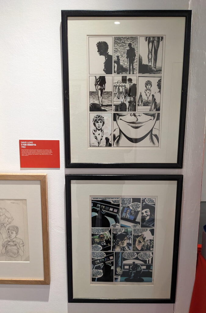V for Vendetta by Alan Moore and David Lloyd, part of the Cartoon Museum's "Heroes" exhibition (2024)