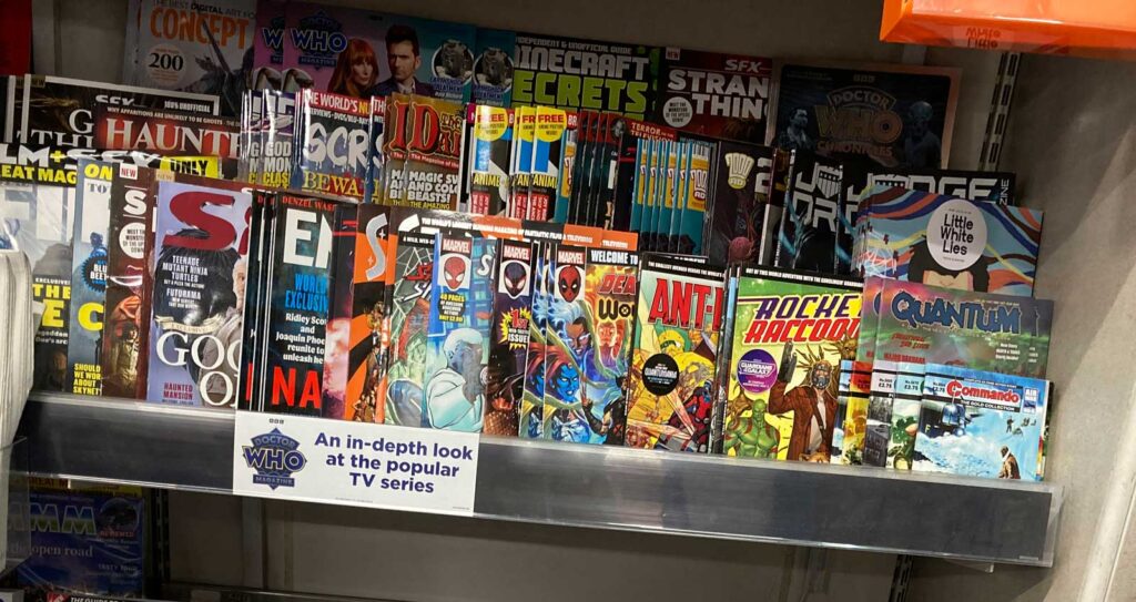 Teenage comics, including 2000AD, Commando and Quantum, battling for space on the newsstand last year. Image: John Freeman (2023)