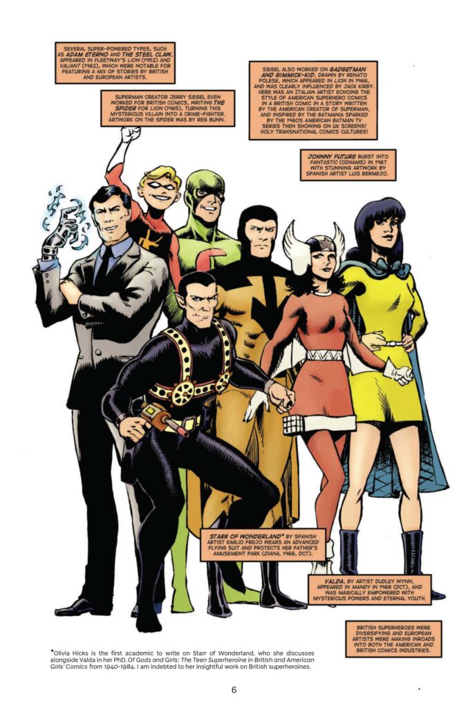 British superheroes of the 1960s, including Gadgetman and Gimmick-Kid, from a guide by Professor Chris Murray, featuring art by artwork by Gary Welsh and Nick Johnson