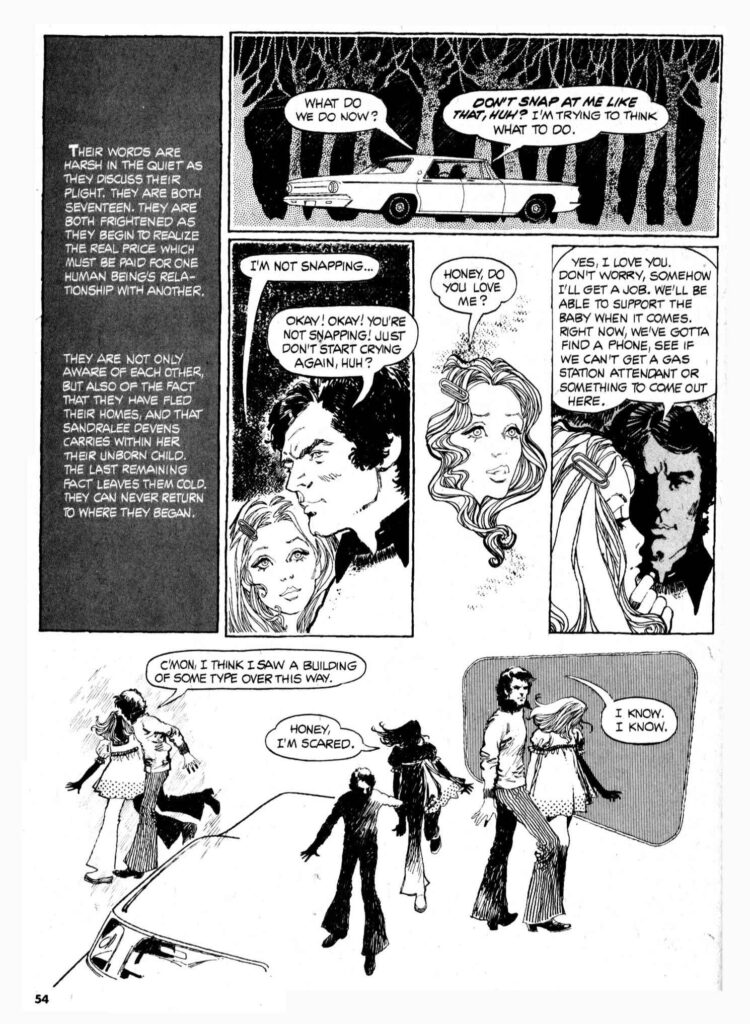 The opening pages of "The Vampiress Stalks the Castle at Night", which was reprinted in Vampirella #37, written by Don McGregor, art by Felix Mas