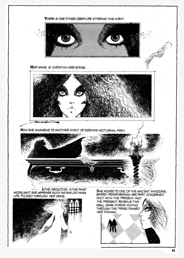The opening pages of "The Vampiress Stalks the Castle at Night", which was reprinted in Vampirella #37, written by Don McGregor, art by Felix Mas