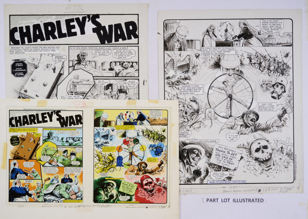 Original "Charley's War" art by Joe Colquhoun for Battle-Action 275 (1980) with two Battle-Action colourist's original paintings with acetate overlay. "November 1916. Charlie Bourne had been wounded and accidentally posted as 'MISSING - BELIEVED KILLED' at base hospital. The nightmares for Charley were just beginning ..." . Indian ink on card. 19 x 15 ins (4 artworks, 2 screen prints)