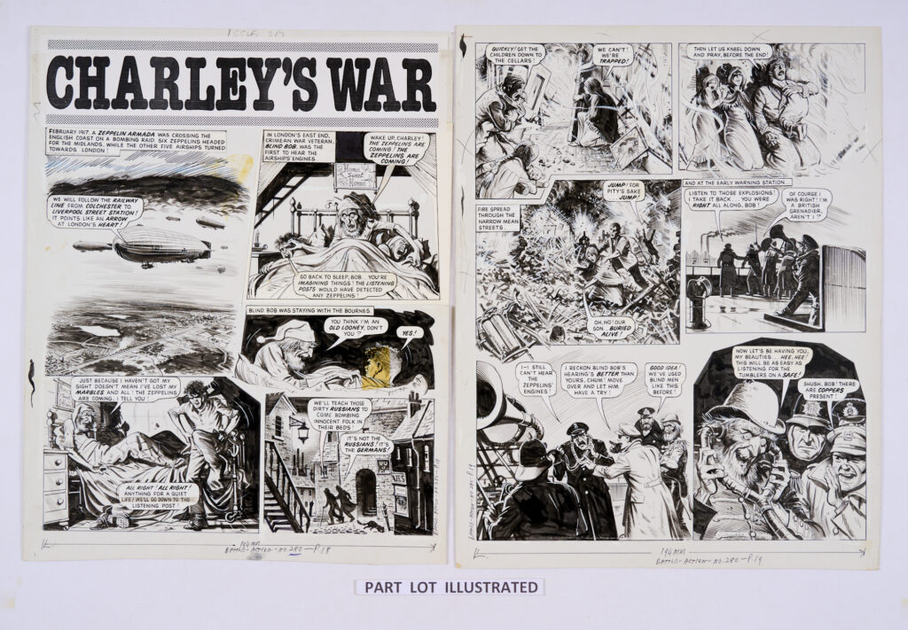 Original "Charley's War" art by Joe Colquhoun for Battle-Action 280 (1980). "February 1917 A Zeppelin Armada was crossing the English coast on a bombing raid. Six Zeppelins headed for the Midlands, while the other five airships turned towards London!" Indian ink on card. 19 x 15 ins