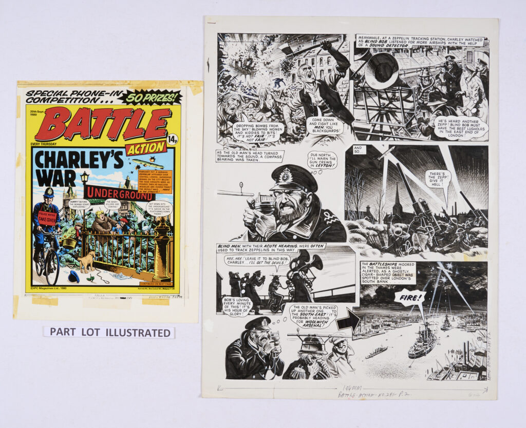 Original "Charley's War" art by Joe Colquhoun for Battle-Action 281 (1980), with colourist original painting and acetate overlay (screen print). "February 1917: A German Zeppelin appeared over central London... showering bombs on the city below! The huge airships were as feared then as nuclear missiles are feared today! The result was ... Panic on the streets!" Indian ink on card. 18 x 15 ins (3 artworks and 1 colour screen print).