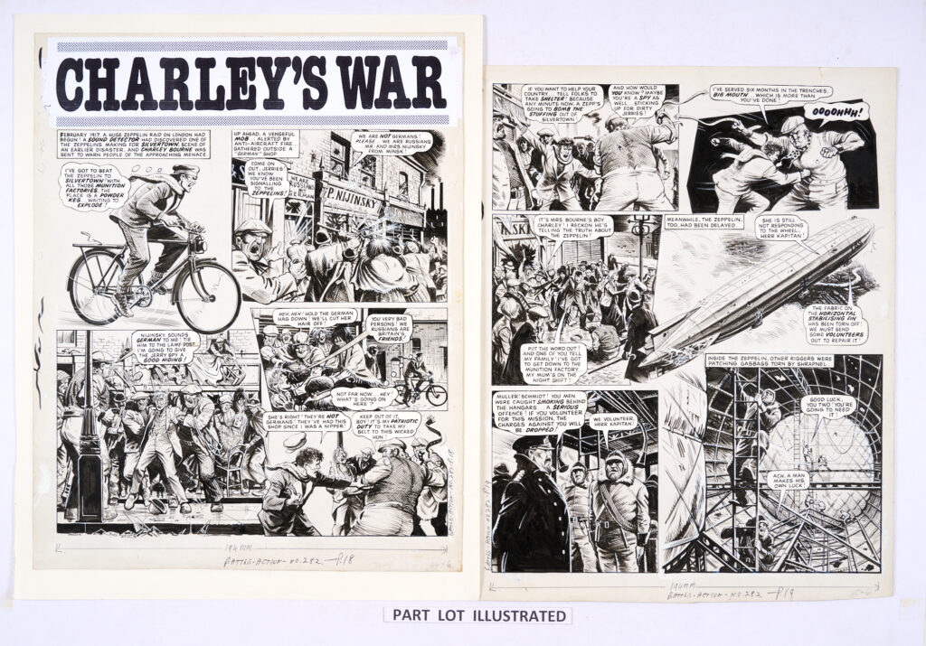 Original "Charley's War" art by Joe Colquhoun for Battle-Action 282 (1980). "A huge Zeppelin raid on London had begun! A Sound Detector had discovered one of the Zeppelins making for Silvertown, scene of an earlier disaster, and Charlie Bourne was sent to warn people of the approaching menace." Indian ink on card. 19 x 15 ins (4 artworks)