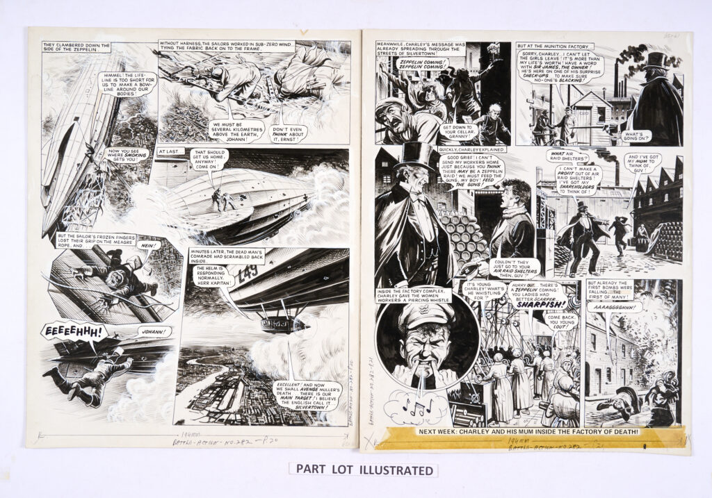 Original "Charley's War" art by Joe Colquhoun for Battle-Action 282 (1980). "A huge Zeppelin raid on London had begun! A Sound Detector had discovered one of the Zeppelins making for Silvertown, scene of an earlier disaster, and Charlie Bourne was sent to warn people of the approaching menace." Indian ink on card. 19 x 15 ins (4 artworks)