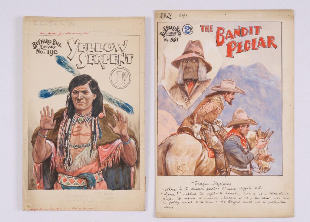 Buffalo Bill: two original front cover artworks (1917, 1920s) initialled 'RP' (Robert Prowse), from Buffalo Bill Library issues 192 and 591