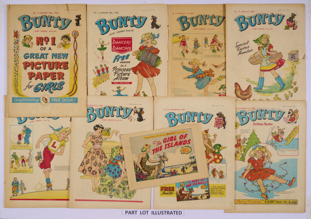Bunty (cover dated 18th January - 27th December 1958) 1-50. Complete year, inclucding No 38 with free gift , "Girl of the Islands" 18 page souvenir booklet. With Pocahontas, Uncle Tom's Cabin, Parachute Nurse and The Orphan of the Circus. From The Woodard Archive of British Comics. No 1: 3 ins back cover taped tear, worn cover edge [vg-], No 6 [gd], 24 [vg-]. A few issues [vg], balance 40 issues [vg/fn] (50)
