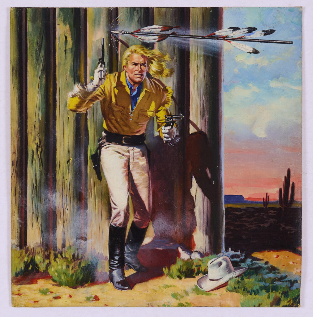 Cowboy Picture Library No 305 original cover art featuring Kit Carson (1958) by Jordi Panalva. Gouache on canvas. 11 x 11 ins