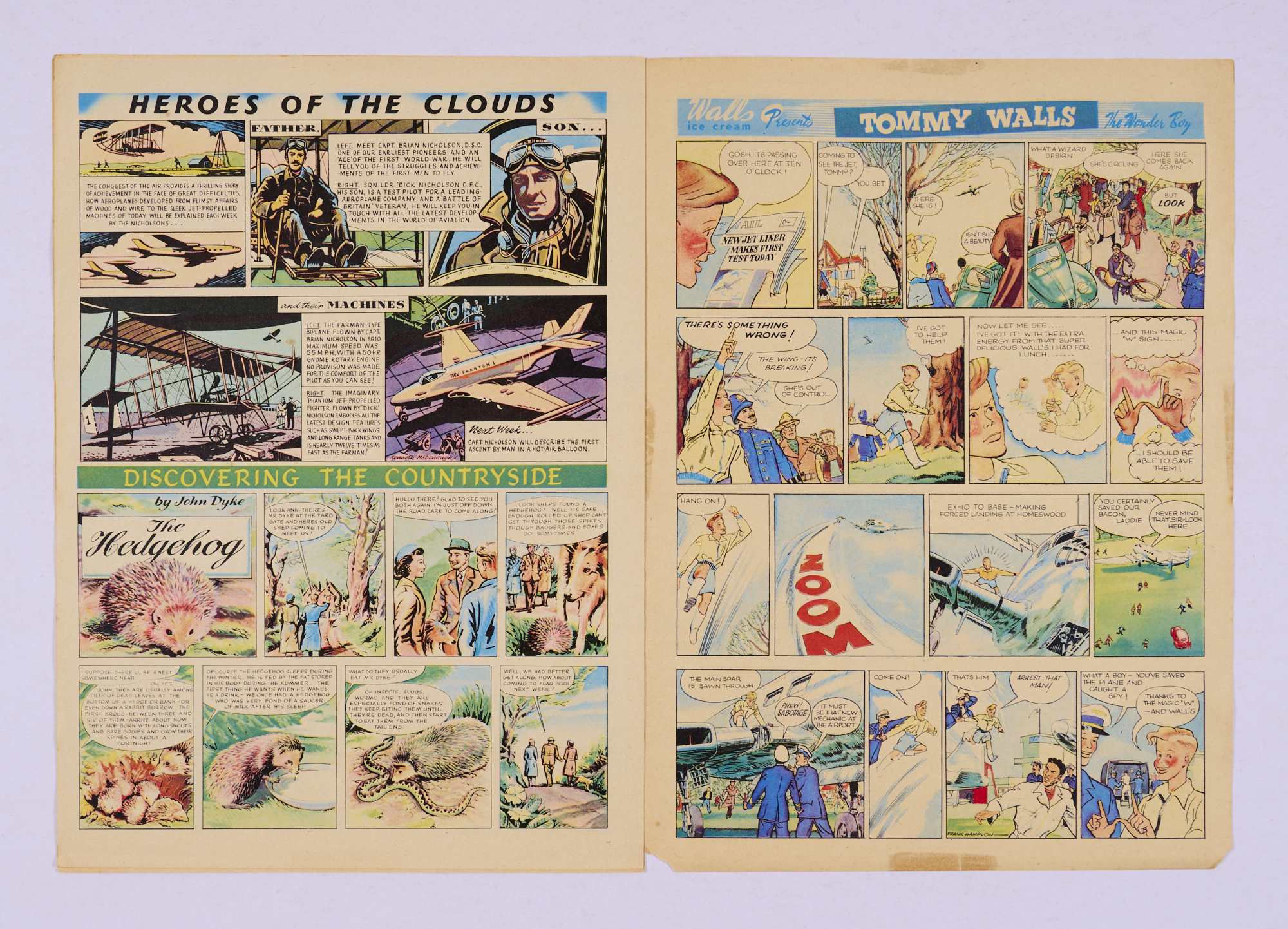 Eagle No 1 promotional eight-page full colour issue distributed to churches and schools in the UK in 1950 to publicise the imminent print run of the first issue of The Eagle. The front cover has no 'Dan Dare Pilot of the Future' header and a different date of 21st April 1950. Bright fresh colours. The back corner has two small lower corner edge pieces missing and some discoloured tape marks. Only a handful of copies are known to exist