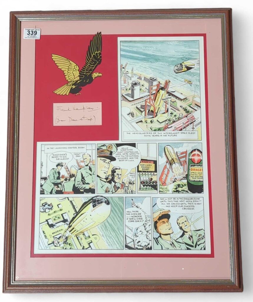 Featured in the auction is the opening page of "Dan Dare" for the Eagle, described as "The Headquarters of the Interplanet Space Fleet some years in the future', with a copy of Frank Hampson's signature and Eagle motif, mounted, framed and glazed, 63.3cm x 51cm overall including frame. There is no indication if this pen, ink and watercolour artwork is the original artwork crated for the first issue of Eagle, or a later recreation