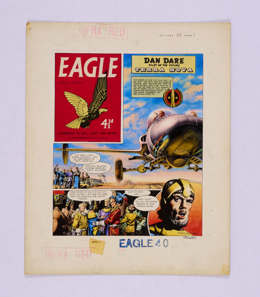 Dan Dare/Eagle original artwork (1959) painted and signed by Frank Bellamy for The Eagle Volume 10 No 40. "Dan and Digby had set off in Anastasia to wipe out the dreaded 'Nagreb' man-eating ant colony with a high explosive missile. Their mission accomplished, they land Anastasia outside Pax..." Bright Pelikan inks on board. 15 x 13 ins