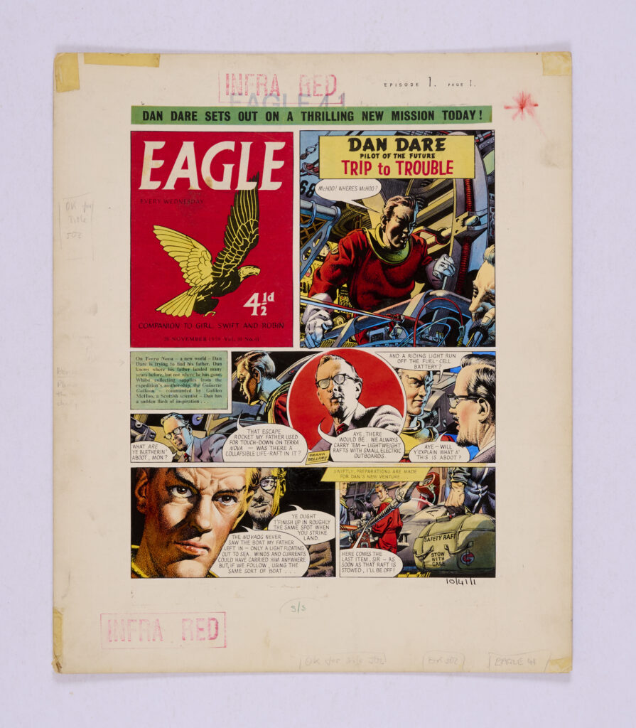Dan Dare/Eagle original artwork (1959) painted and signed by Frank Bellamy for The Eagle Volume 10 No 41. "On Terra Nova - a new world - Dan Dare is trying to find his father who landed many years before and disappeared without trace. Dan has a sudden flash of inspiration..." Bright Pelikan inks on board. 15 x 13 ins