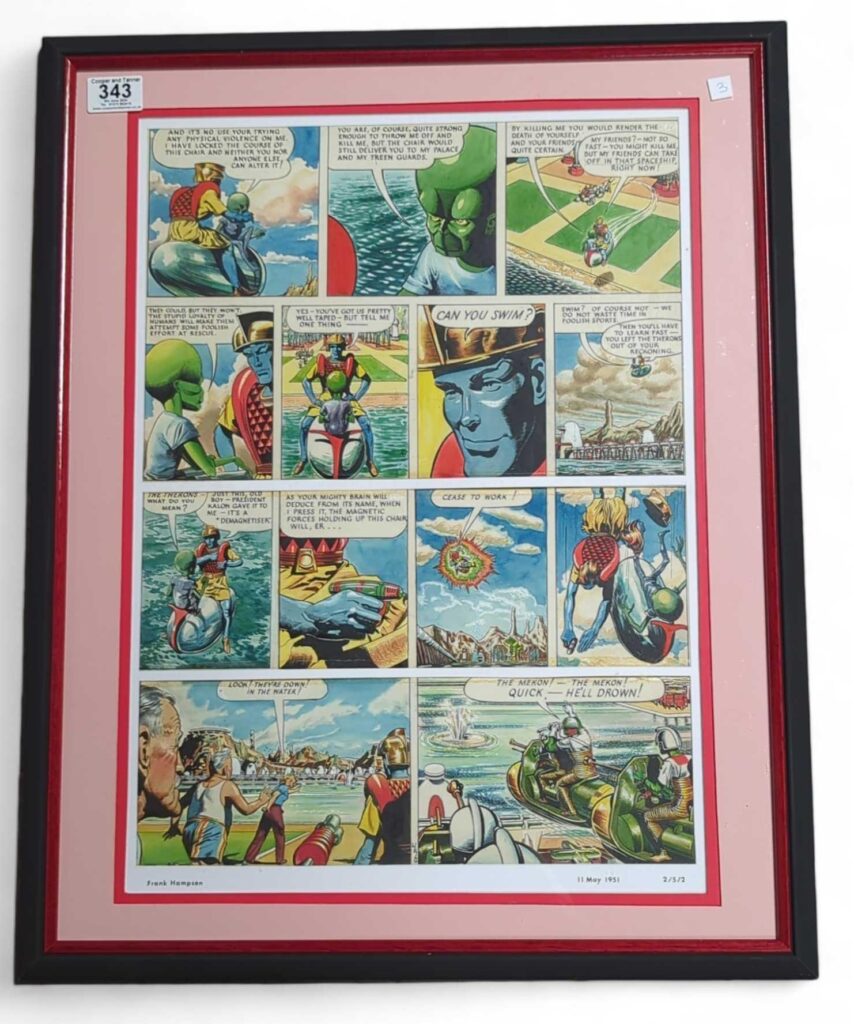 Frank Hampson (1918-1985), pen ink and watercolour with bodycolour, artwork for Dan Dare in the Eagle, volume 2, issue 5, page 2, 'And It's No Use Your Trying Any Physical Violence', 51cm x 36.7cm, mounted, framed and glazed Provenance - purchased from Chris Beetles Limited. Exhibited - The Illustrators The British Art of Illustration 1870-2010