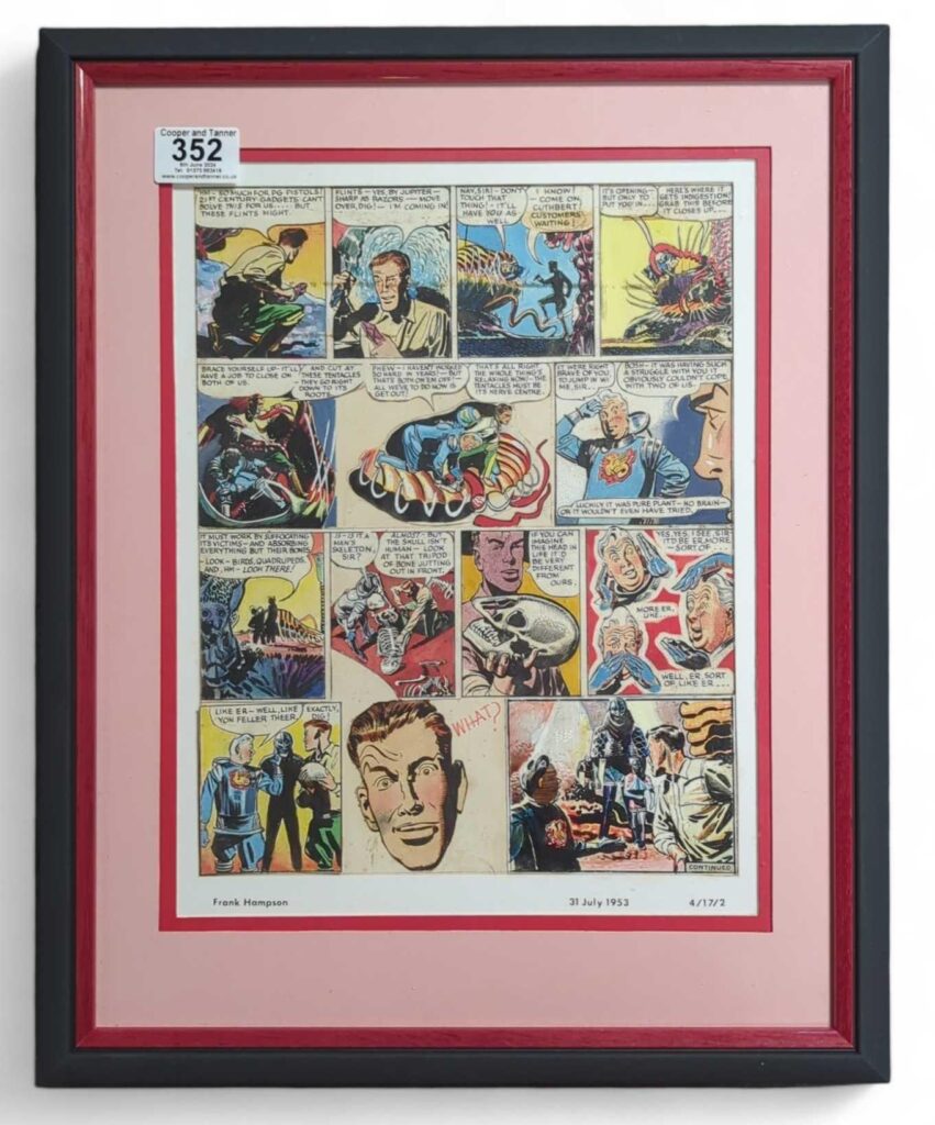 Frank Hampson (1918-1985), pen ink and watercolour artwork for Dan Dare in the Eagle, volume 4, issue 17, page 2, 'Hm - So Much For PG Pistols!' (Operation Saturn), 31.3cm x 24.3cm, mounted, framed and glazed