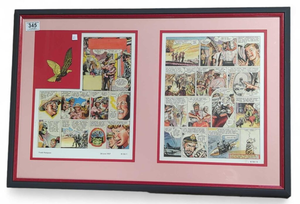 Frank Hampson (1918-1985), pen ink and watercolour artwork for Dan Dare in the Eagle, volume 8, issue 26, pages 1 and 2, 'You Can Relax Everybody - They've Gone' and 'Here Are Your Quarters, Earth-Things', mounted, framed and glazed, 73.2cm x 47.5cm overall including frame