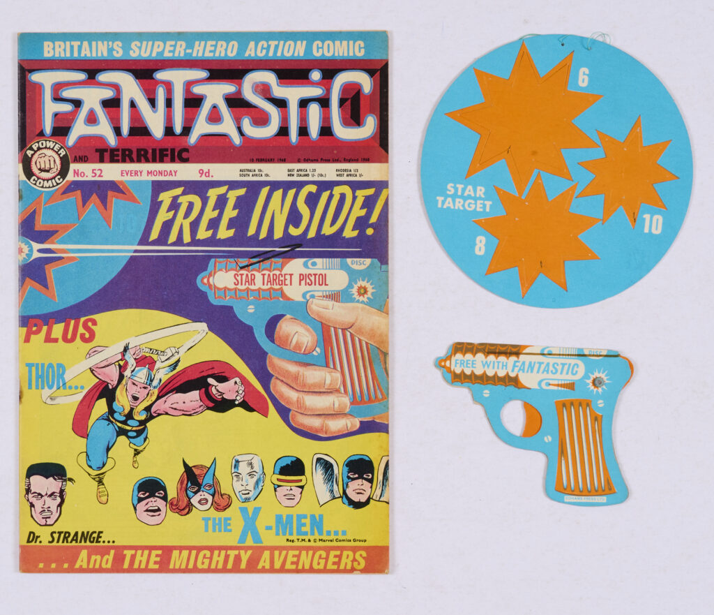 Fantastic 52, cover dated 10th February 1968, With Free Gift - a Fantastic Star Target Pistol and Star Target (the six bullet discs are missing). Thor, Avengers and X-Men episodes inside