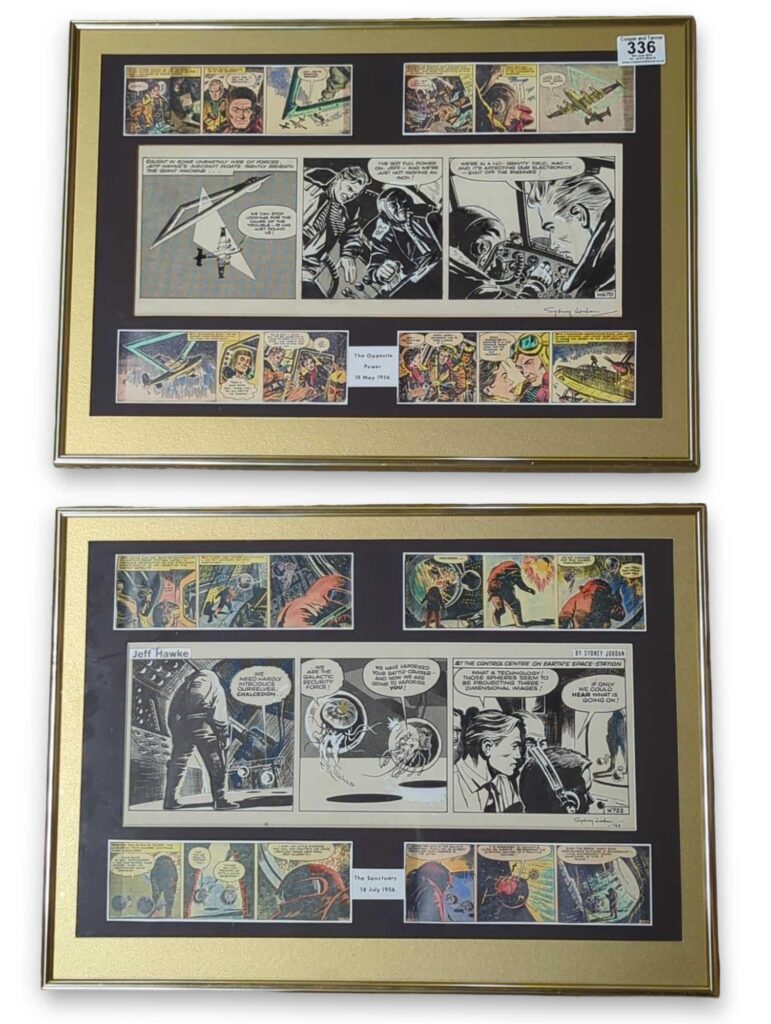 A pair of pen ink and gouache "Jeff Hawke" artworks for The Daily Express, both signed, both mounted, framed and glazed, art by Sydney Jordan