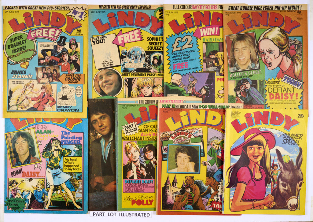 Lindy (1975) 1-20 complete run. With Lindy Summer Special 1975 (the only one issued). With horror and adventure stories, "The House of Fear", "Hard Days for Hilda", "The Pointing Finger" and "Defiant Daisy". Also Lindy's Letter Box, Pop-ping questions, Quick Cook ("This week: Prawn Cocktail") and Penny Crayon by Peter Maddox. From The Woodard Archive of British Comics. No 1 (fn], balance issues [vg+/fn+] (21)