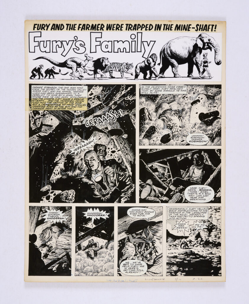 "Fury's Family" original artwork by Denis McLoughlin for Lion and Thunder No 30, cover dated 9th October 1970. Fury chases the jewel thief into the derelict mine - suddenly the mine shaft collapses around them … Indian ink on board. 20 x 16 ins