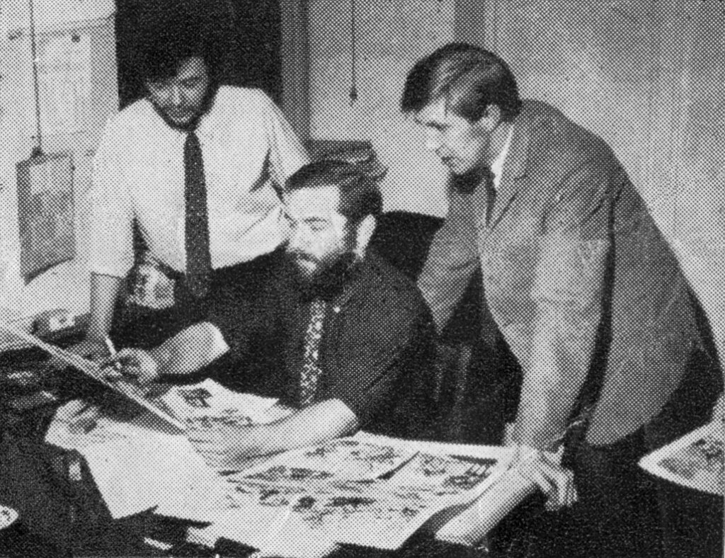 Left to right: John Michael Burns, Chris Lowder and Alan Kirkham in the Lion office in the early 1970s. Photo with thanks to Steve Holland at Bear Alley