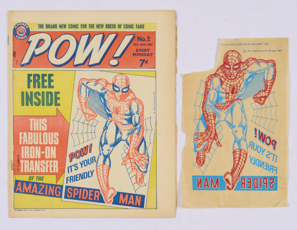 POW! 2, cover dated 28th January 1967, With Free Gift - an Amazing Spider-Man Transfer. Features the re-telling of the second half of US The Amazing Spider-Man # 1 story. The transfer has the top corner piece missing - not affecting the image