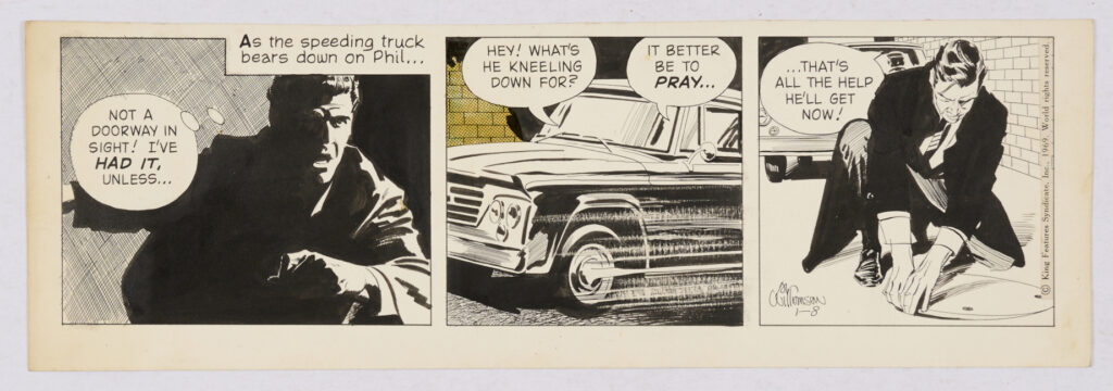 Secret Agent Corrigan daily comic strip original artwork drawn and signed by Al Williamson, written by Archie Goodwin (King Features 10th December 1968). Pen and ink on card. 17 x 6 ins