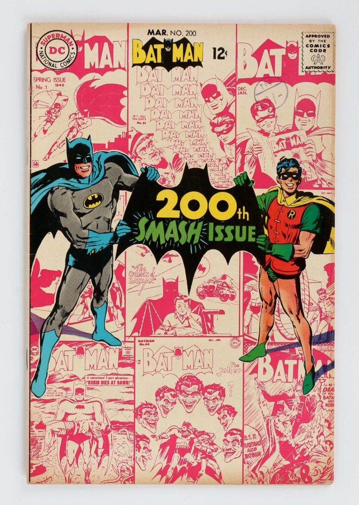 Batman No. 200 featuring the first work on Batman by Neal Adams (1968). Story by Mike Friedrich. Cover art by Neal Adams. Interior art by Chic Stone (ghosting for Bob Kane), inks by Joe Giella