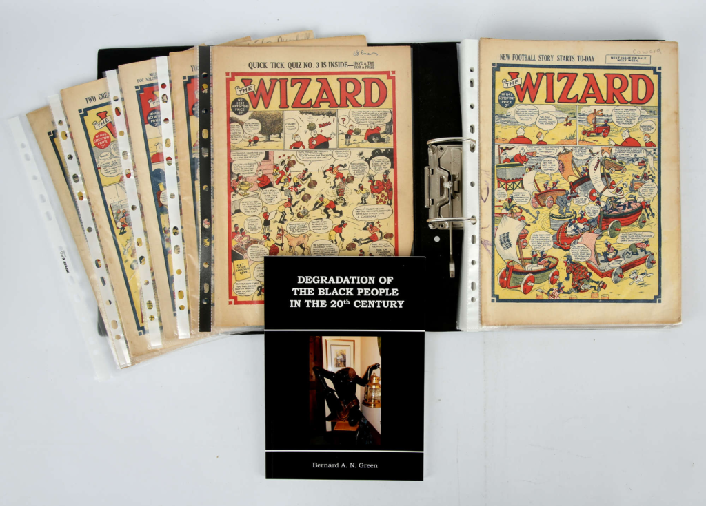 Copies of The Wizard featuring now-notorious issues containing “Sam and Spadger” (1947), featuring outdated Victorian attitudes to indigenous peoples and races. The first iteration of The Wizard was published by DC Thomson & Co, between 1922 and to 1963, prior to being merged with The Rover. “Spadger Isle” ran from 1931, moving to the front page in 1939, finishing with issue No. 1278 in August 1950. One of two lots, the group is accompanied by a copy of the book, Degradation of the Black People in the 20th Century