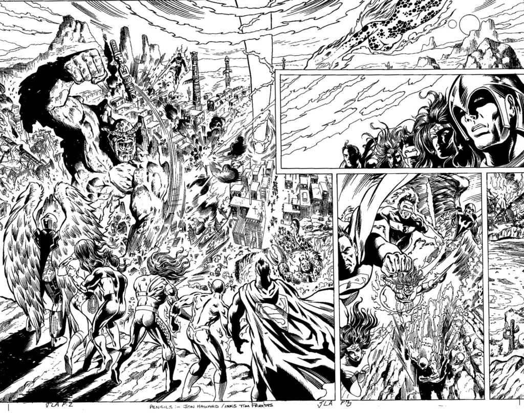 Unpublished Justice League America art commissioned for the 1999 JLA annual, story by Kevin Gunstone, pencils by Jon Haward, inked by Tim Perkins. Jon spent three weeks drawing these pages, and was proud of them - but sadly, despite Tim Perkins' belief in Jon's talent, it didn't gain him work at DC Comics
