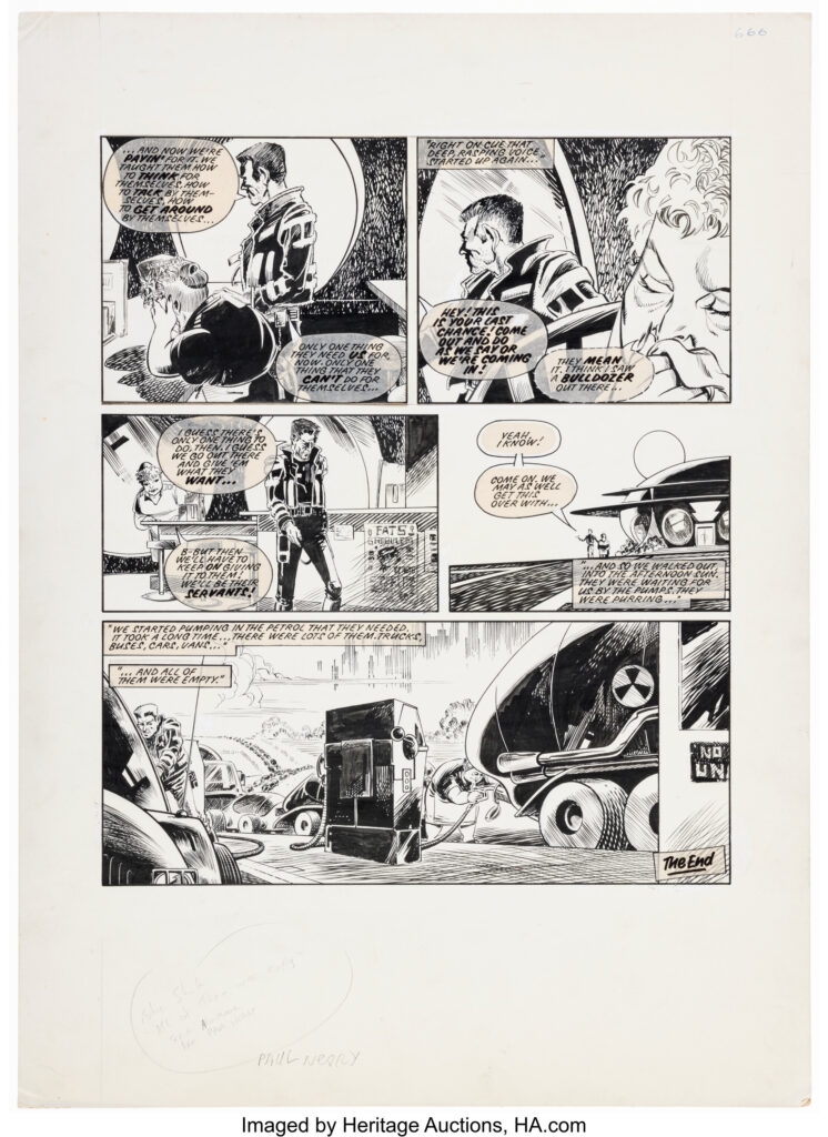 Art by the late Paul Neary for the 2000AD "Future Shocks" tale by Alan Moore, "All of Them Were Empty", published in 2000AD Prog 251 in 1982. The story features a dystopian universe where sentient cars rule and humans serve at the gas pumps in an unexpected twist on this closing page to "All of Them Were Empty". Ink over graphite on Bristol board with an image area of 12.25" x 14.5". Lightly toned, the text is all hand-lettered paste-ups, whiteout touch-ups, corner bumps and handling wear. In Very Good condition.