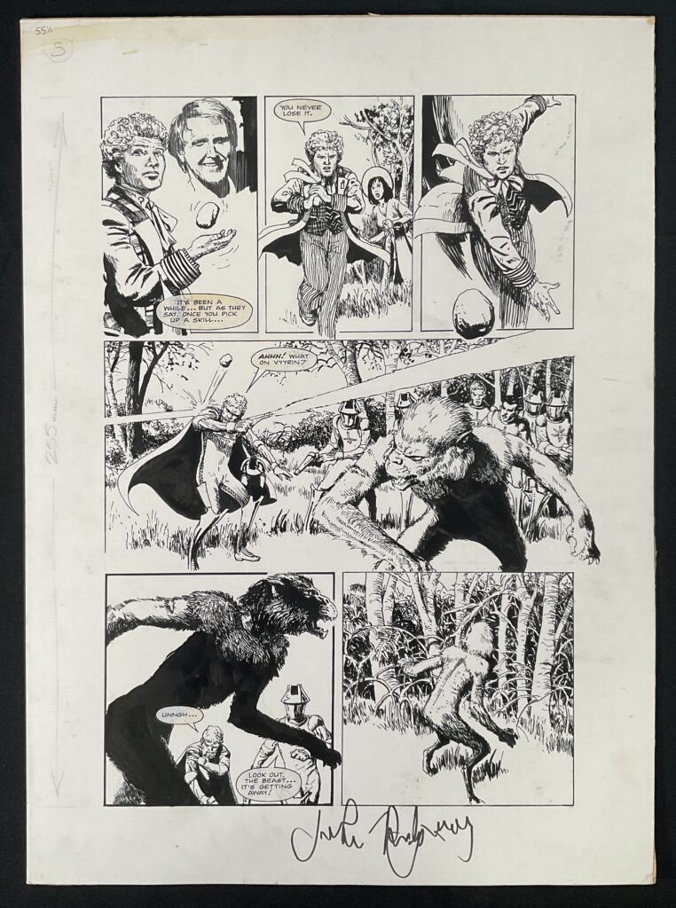 A page from the Doctor Who comic strip “Nature of the Beast”, written by Simon Furman, drawn and signed by John Ridgway. First appeared in Doctor Who Monthly No. 113 and reprinted in The World Shapers. Pen and ink on board, 41cm x. 56cm
