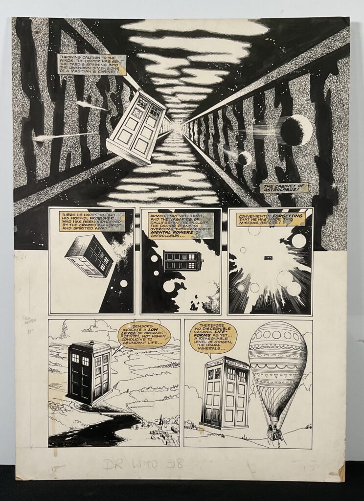The opening page of the Doctor Who comic strip “Once Upon a Time-Lord”, written by Steve Parkhouse, drawn and signed by John Ridgway. First appeared in Doctor Who Magazine No. 98 and reprinted in various collections. Pen and ink on board including speech balloons, 53cm x 38cm